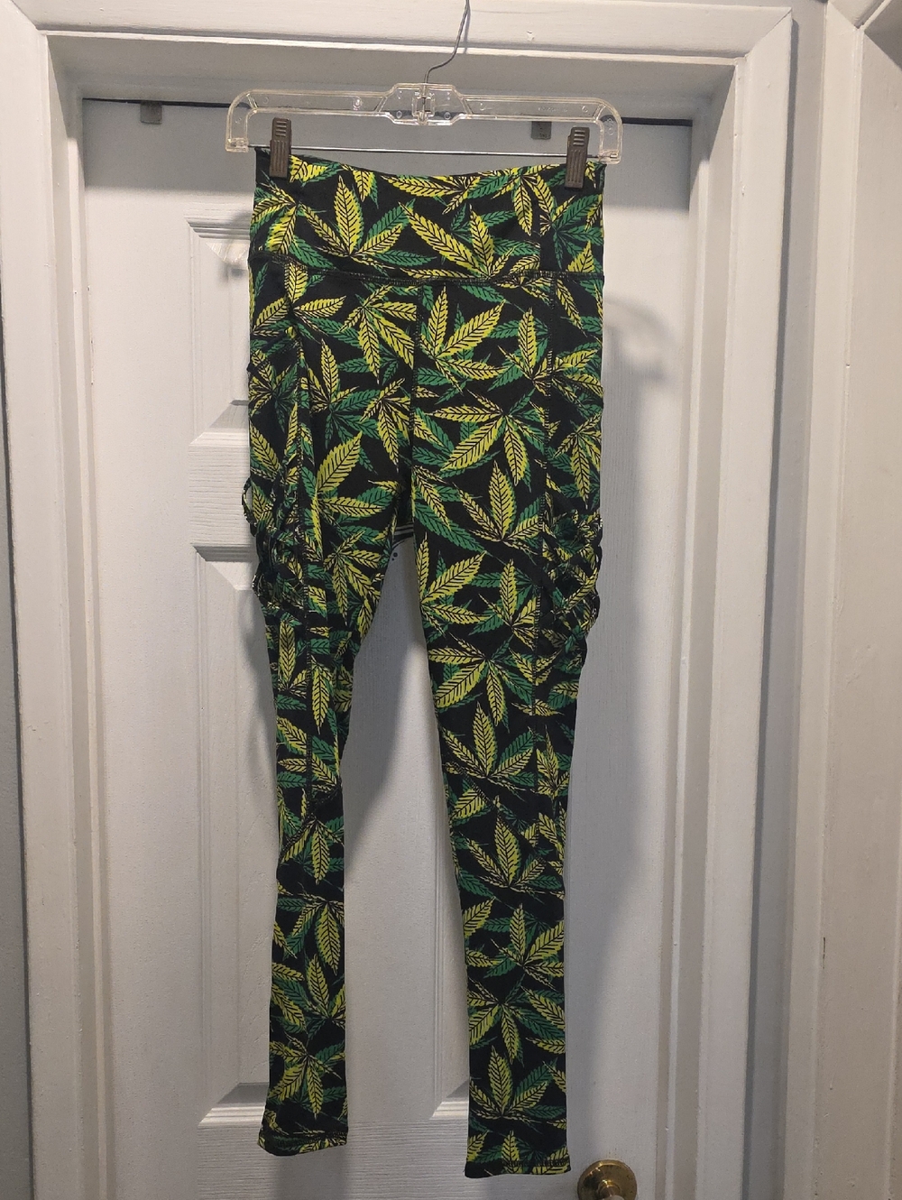Leaf Print High-Waist Leggings - Black, Green & Yellow